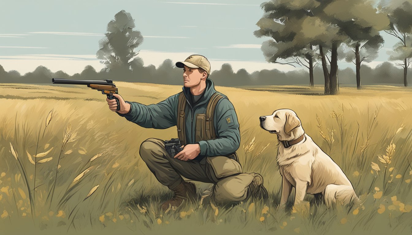 A gun dog trainer instructs a retriever in a field