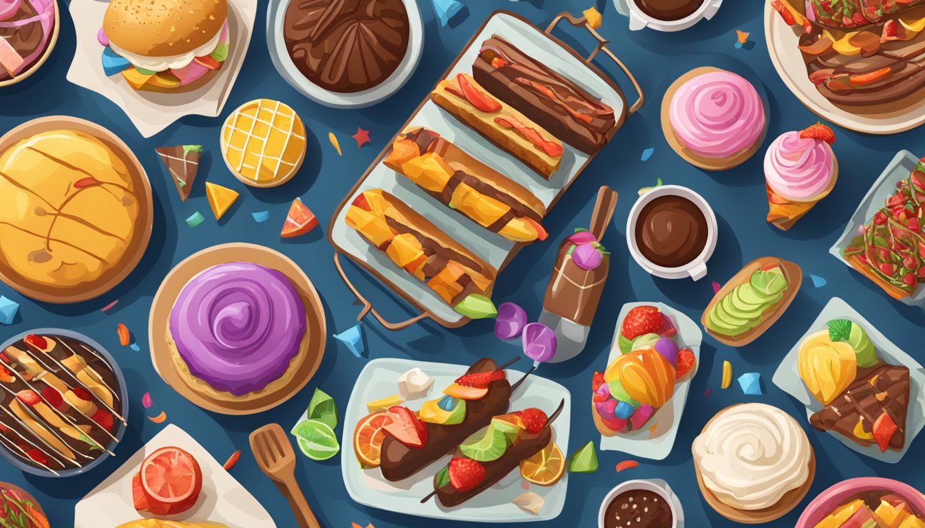 A festive table filled with colorful desserts and barbecue grills ready for a Labor Day cookout