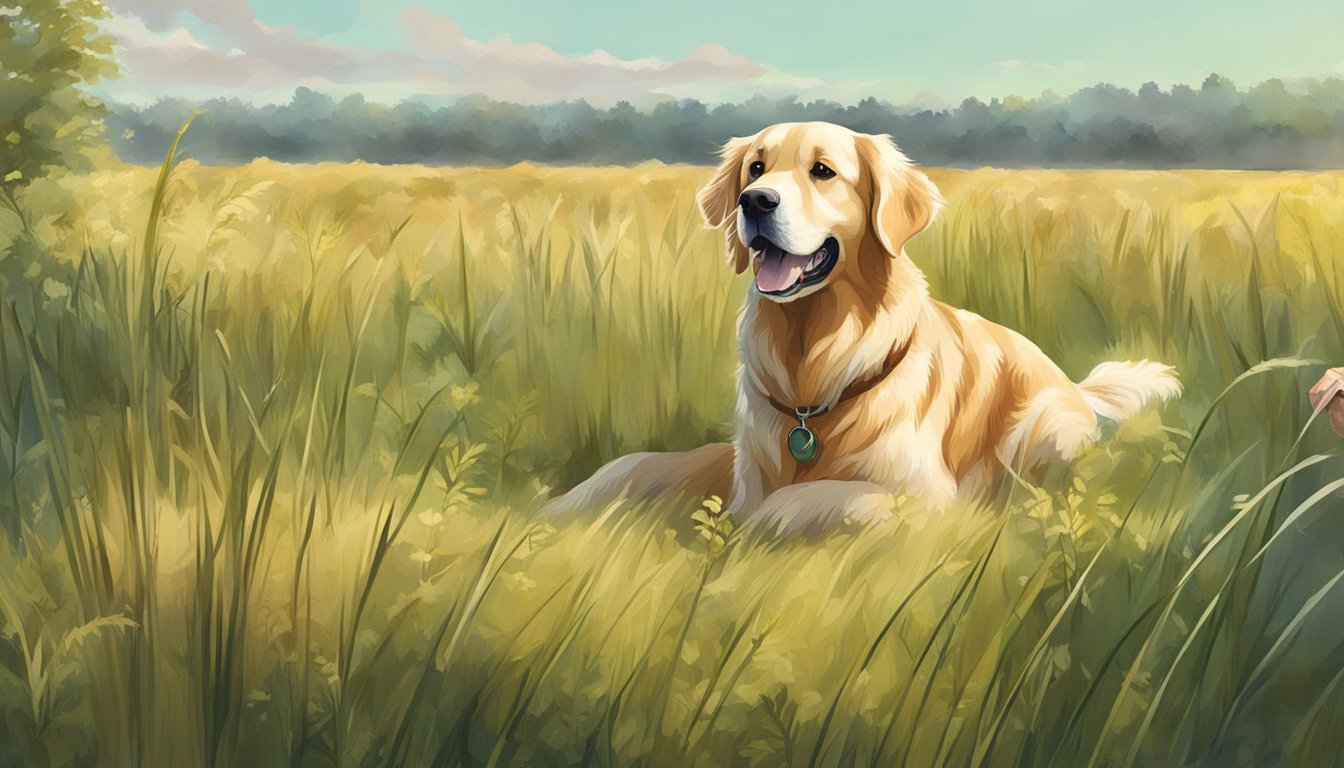 A golden retriever sits attentively in a field, surrounded by tall grass and trees. A trainer holds a whistle and gestures towards the dog