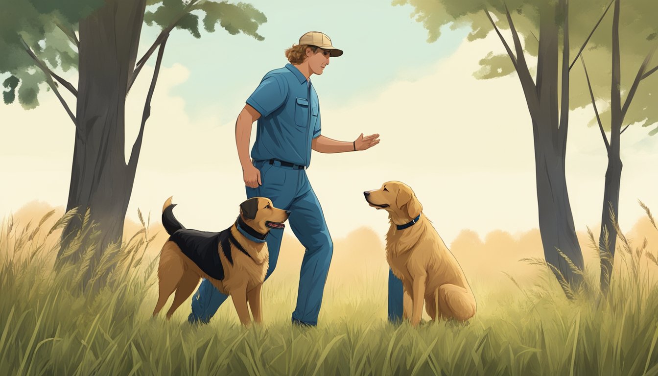 A dog trainer stands in a field, surrounded by tall grass and trees. A retriever eagerly awaits commands, a training dummy at its feet