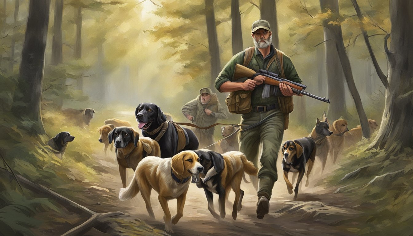 A hunter with a rifle and a pack of hunting dogs moving through a wooded area in Indiana