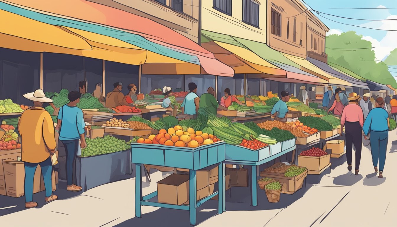 A bustling outdoor market in Texas, with colorful stalls selling fresh fruits, vegetables, and grains. People are seen shopping for affordable, healthy food options