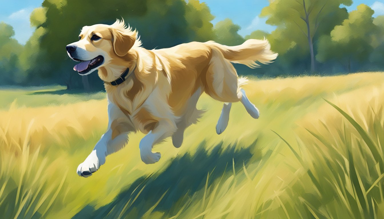 A retriever dog running through a field with a trainer, surrounded by trees and a clear blue sky