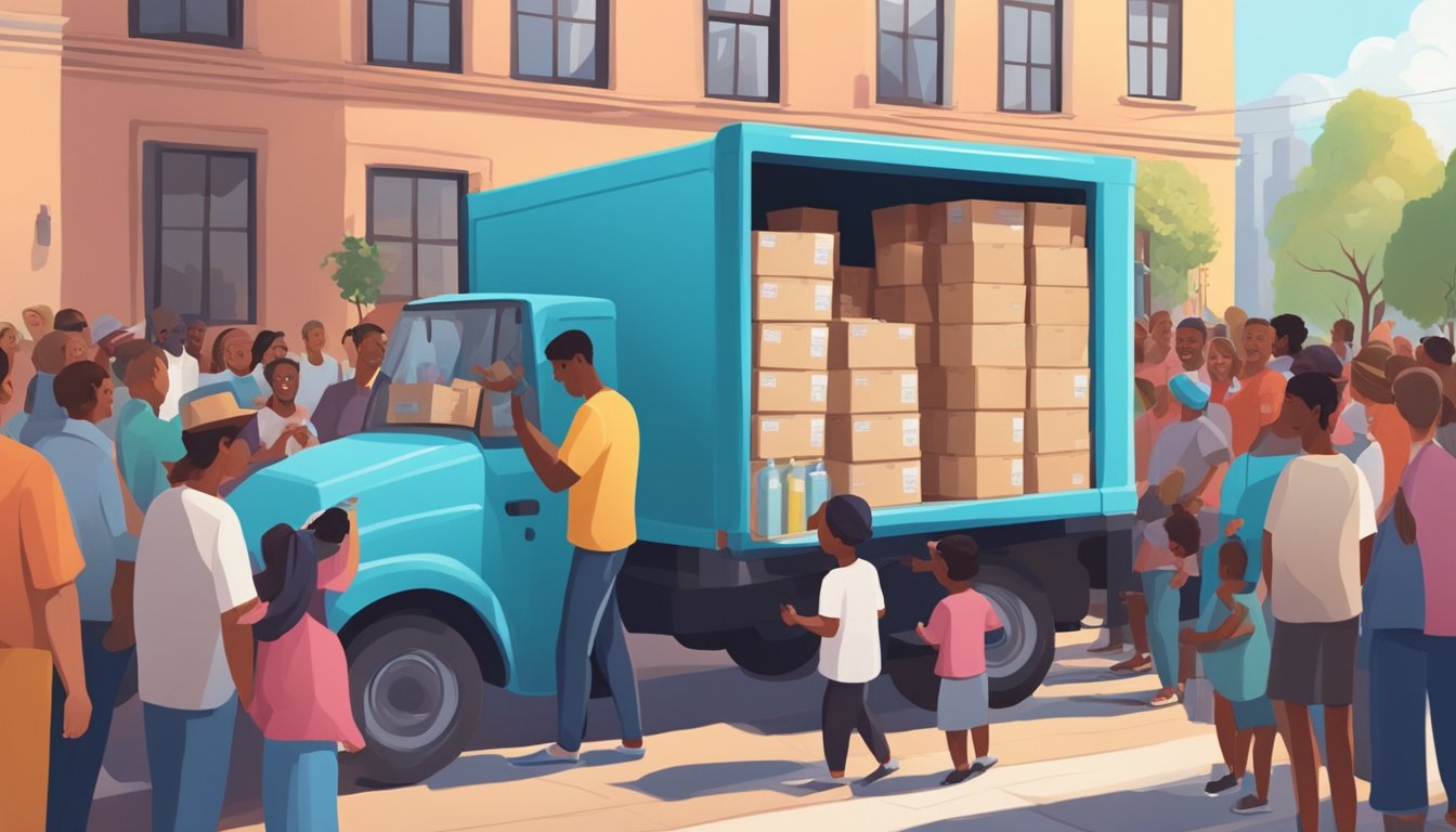 A restaurant owner unloads crates of baby formula from a delivery truck, surrounded by a crowd of grateful onlookers