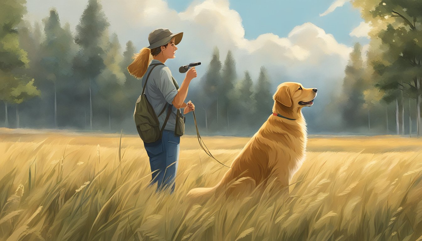 A golden retriever sits poised in a field, surrounded by tall grass and trees. A trainer holds a whistle, while a group of onlookers watches from a distance