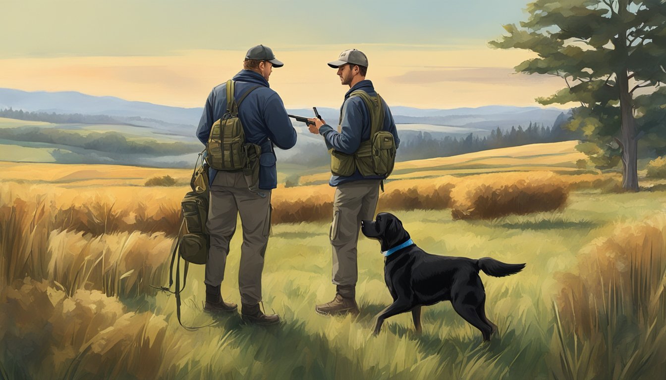 A trainer instructs a gun dog in a field, surrounded by training equipment and a Washington landscape