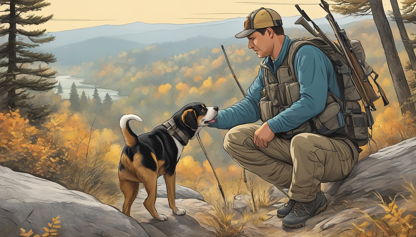 A dog and its owner follow species-specific hunting guidelines in the Indiana wilderness, tracking prey with focused determination