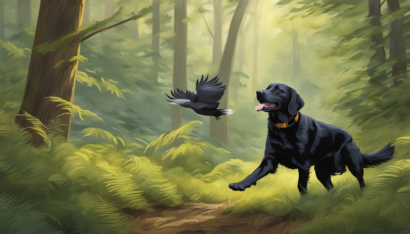 A gun dog retrieves a fallen bird in a lush, wooded area of Washington