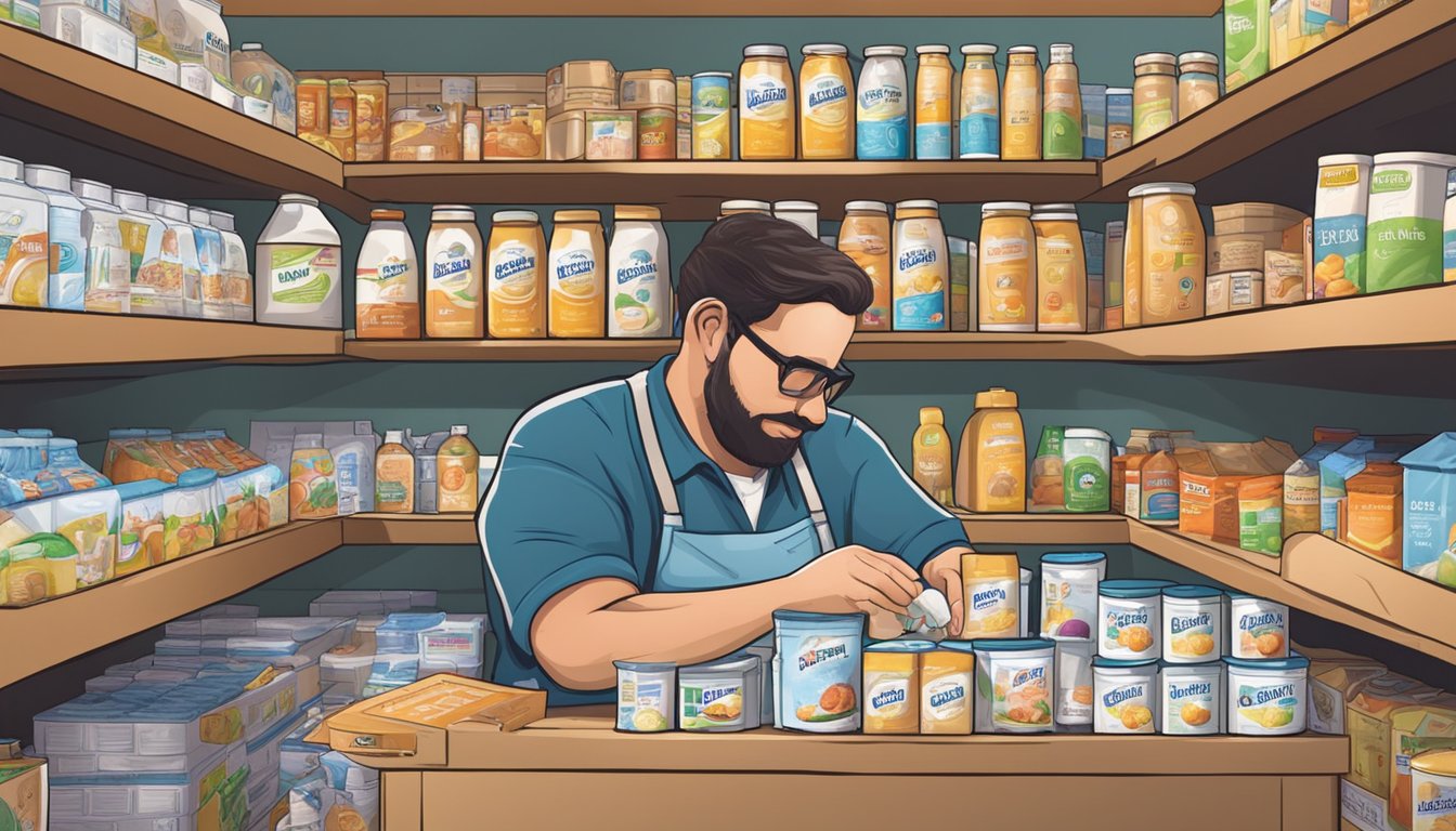 A Texas restaurant owner places a large box of baby formula on a table, surrounded by shelves of food and supplies