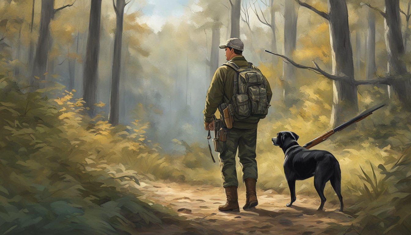 A hunter and dog move through a wooded area in Indiana, with the dog eagerly sniffing the ground and the hunter scanning the surroundings