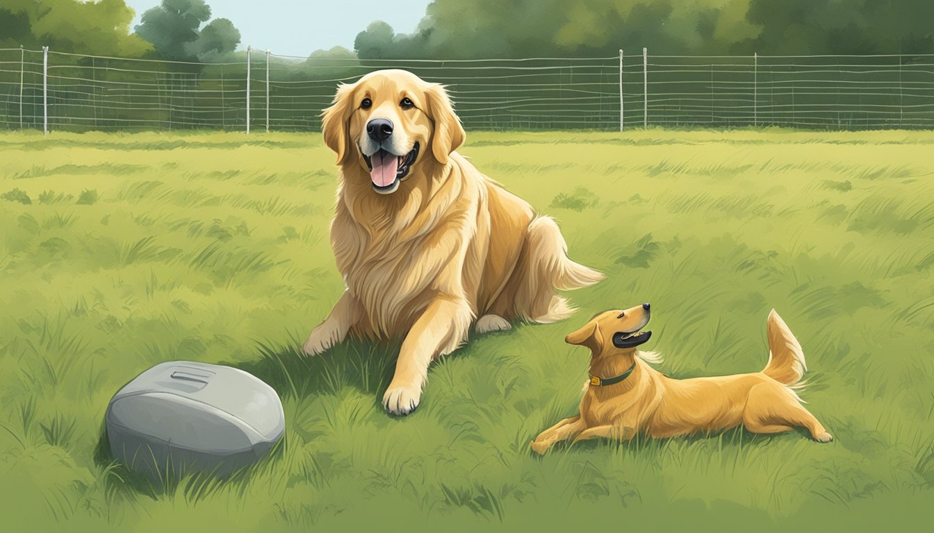 A golden retriever sits in a lush Tennessee field, surrounded by training aids like bumpers and scent markers. A trainer uses hand signals to guide the dog through retrieving exercises