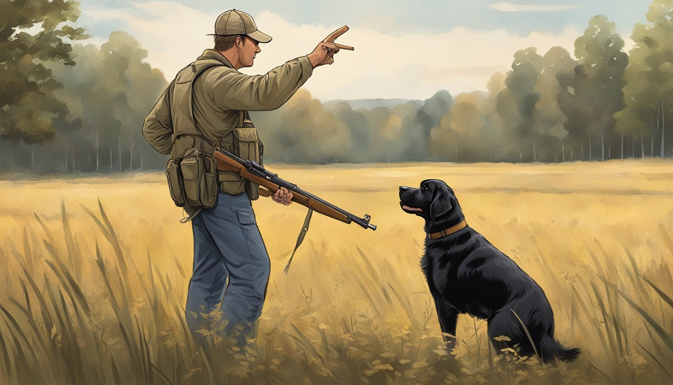 A professional gun dog trainer in Tennessee instructs a retriever in a field, using hand signals and voice commands to guide the dog