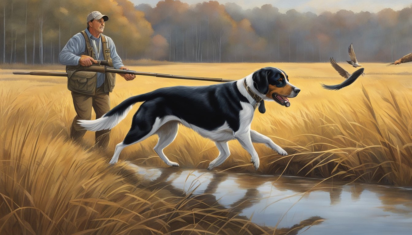 A hunting dog retrieves a downed bird in a Tennessee field, while its trainer looks on with pride