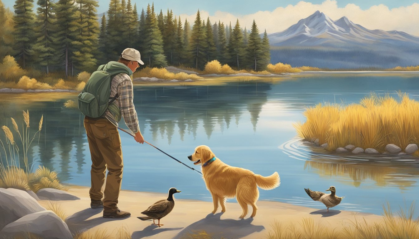 A golden retriever eagerly retrieves a duck from a pristine Wyoming lake, while its owner watches proudly from the shore