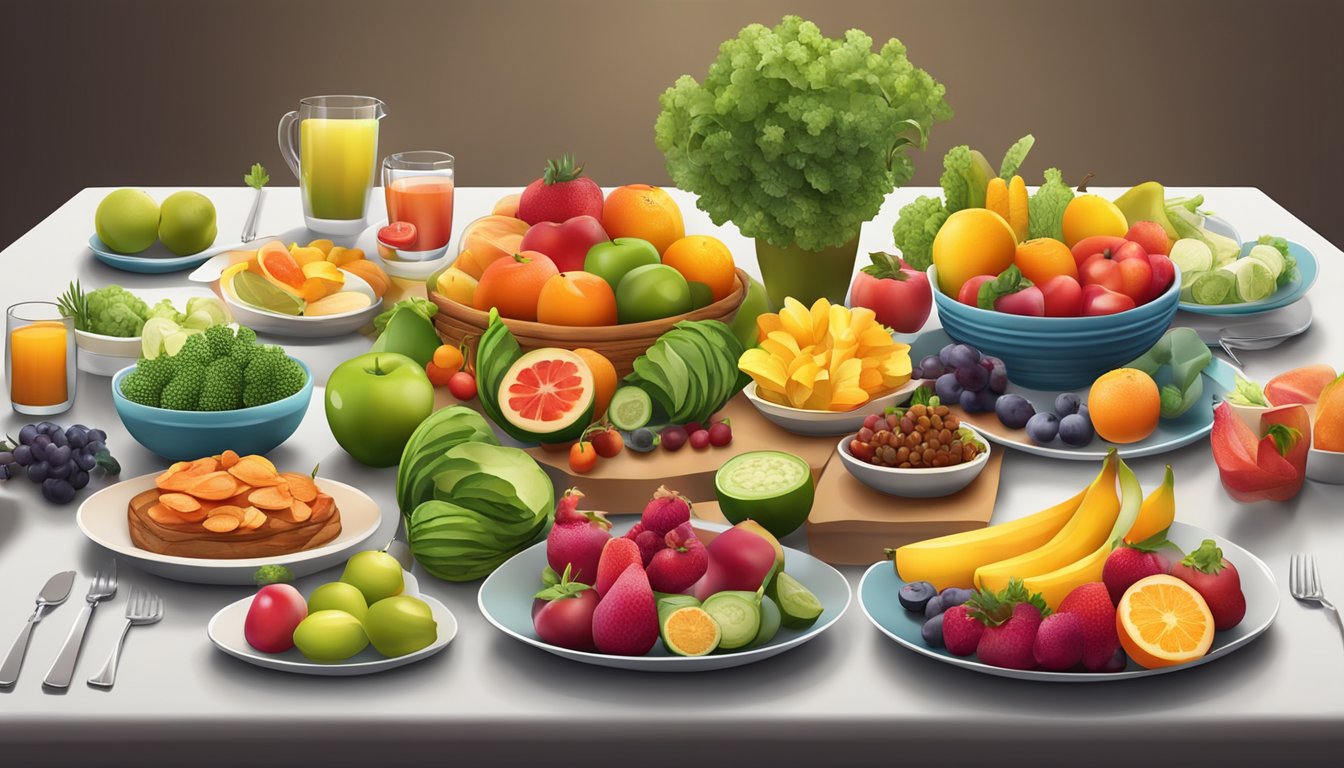 A colorful table setting with a variety of fruits, vegetables, and healthy dishes arranged in an inviting and appetizing display