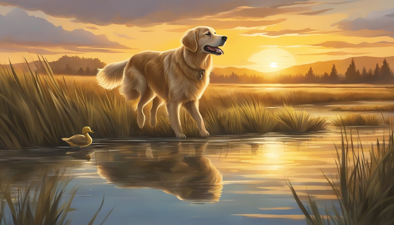 A golden retriever retrieves a duck from a marshy pond as the sun sets over the Wyoming landscape