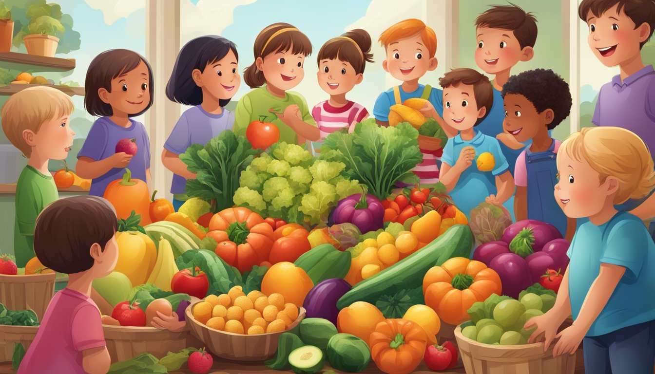 A group of children gather around a colorful array of fruits and vegetables, eagerly reaching out to touch and taste the new foods on display