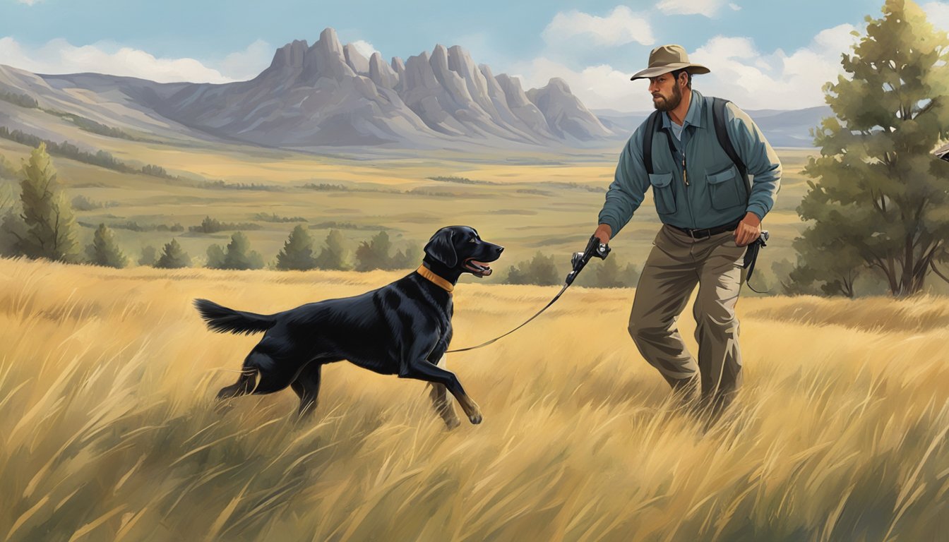 A trainer works with a gun dog in a sprawling Wyoming field, demonstrating obedience and retrieving skills