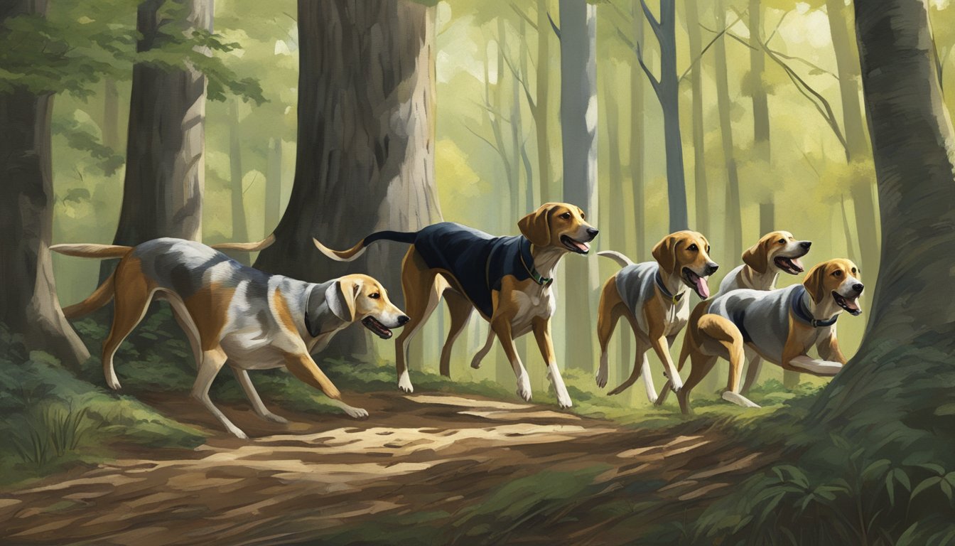 A pack of hounds races through the dense Kentucky forest, their noses to the ground as they track a scent. The trees tower overhead, casting dappled shadows on the earth below