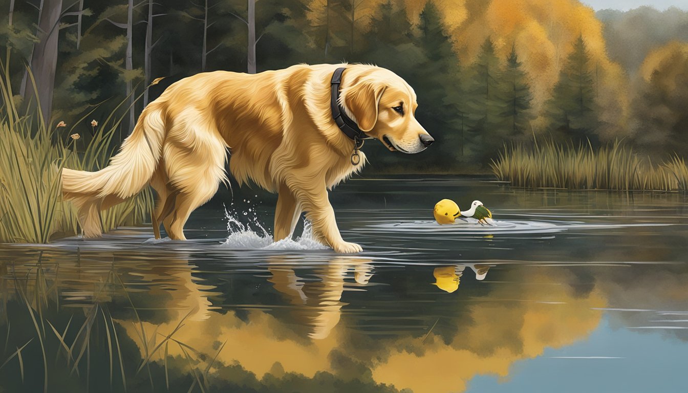 A golden retriever eagerly retrieves a fallen duck from a serene Vermont pond during a gun dog training session