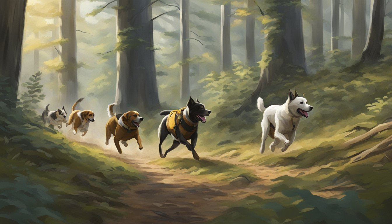 Dogs running through a forest, following a hunter in Kentucky