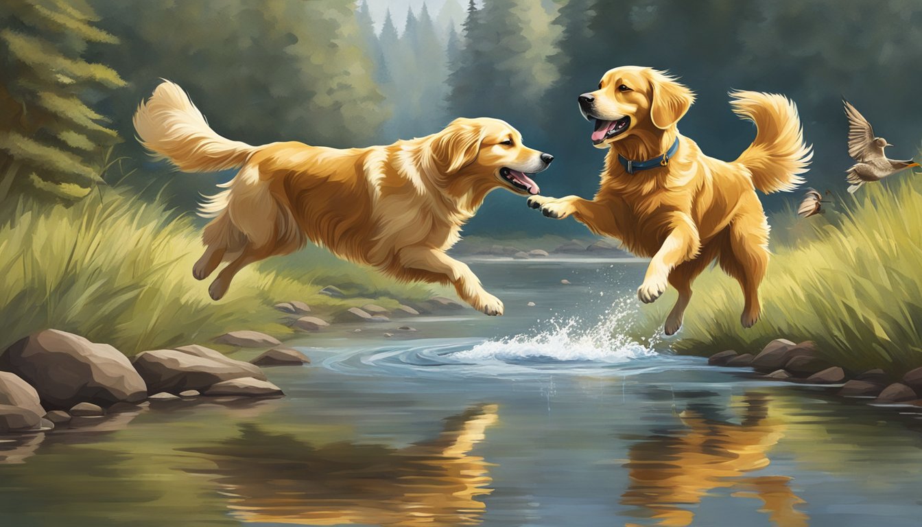 A golden retriever leaps over a stream, holding a retrieved duck in its mouth, as its owner watches from the shore