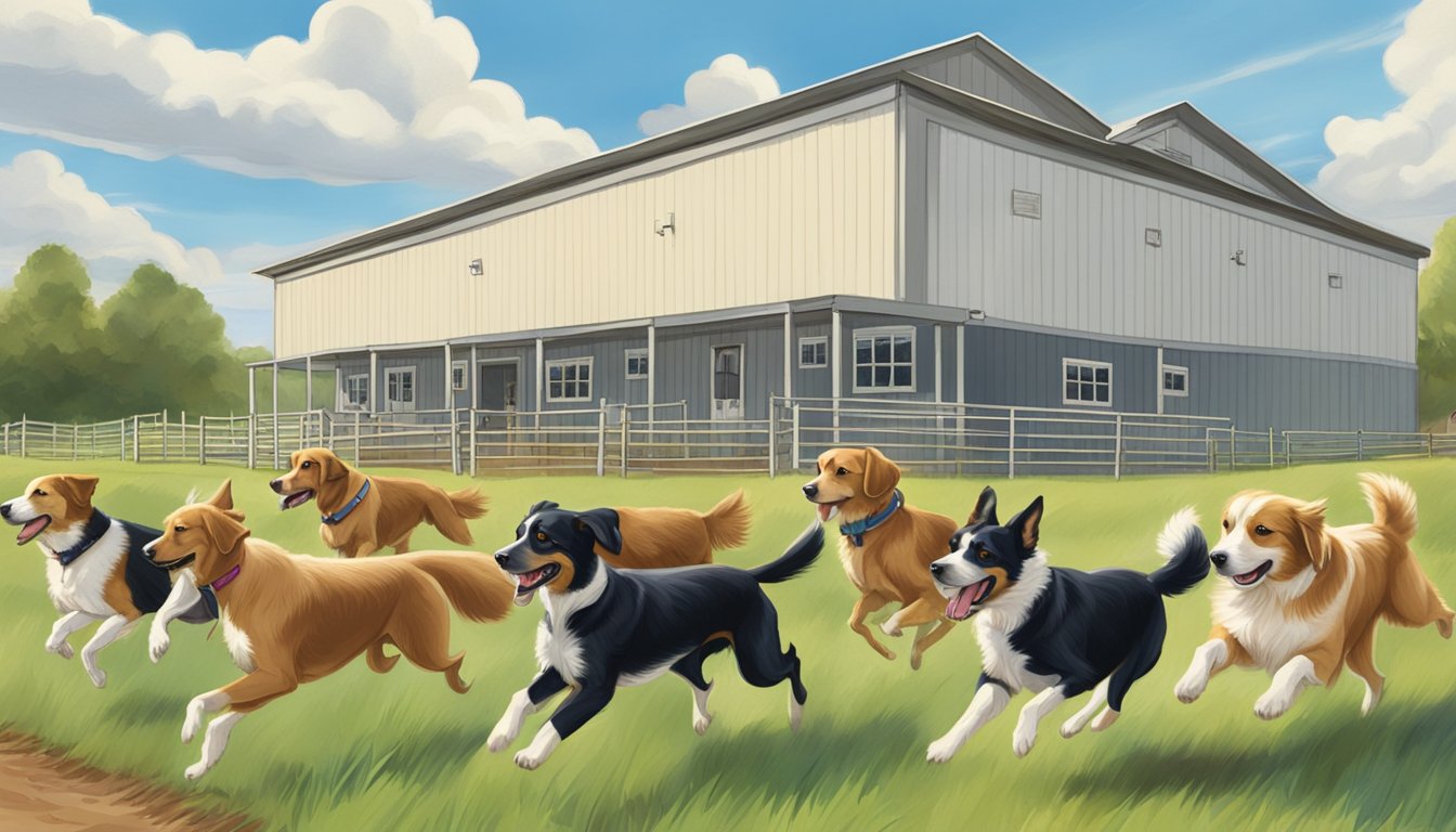 Dogs running through fields at a Kentucky breeding and training facility