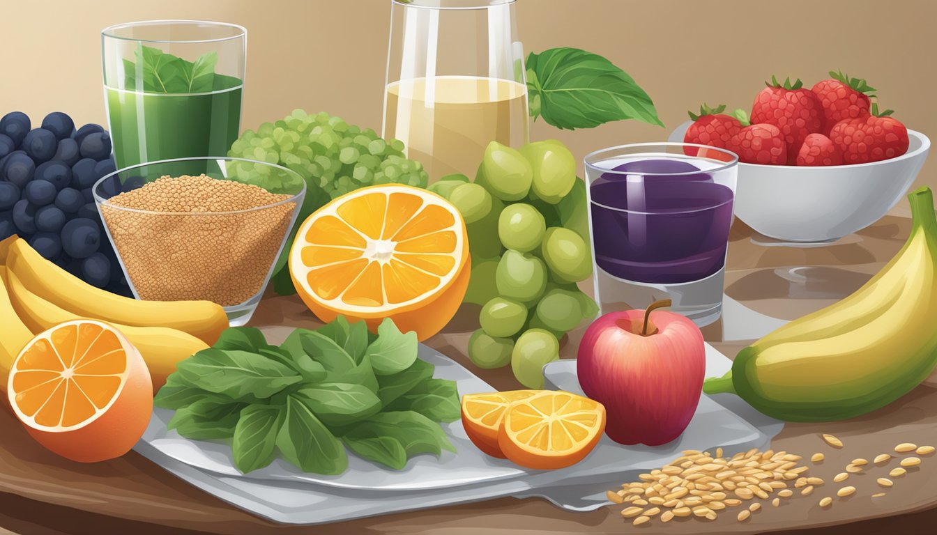 A table with a variety of colorful fruits, vegetables, and whole grains, alongside a glass of water and a plate of lean protein