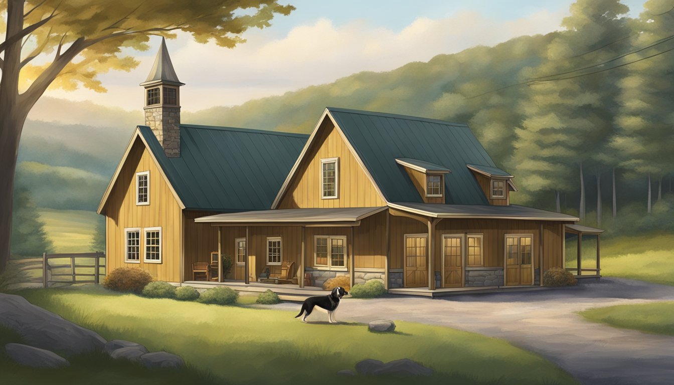 A rustic Vermont kennel nestled among rolling hills and tall trees, with spacious outdoor training areas and cozy indoor accommodations for gun dogs