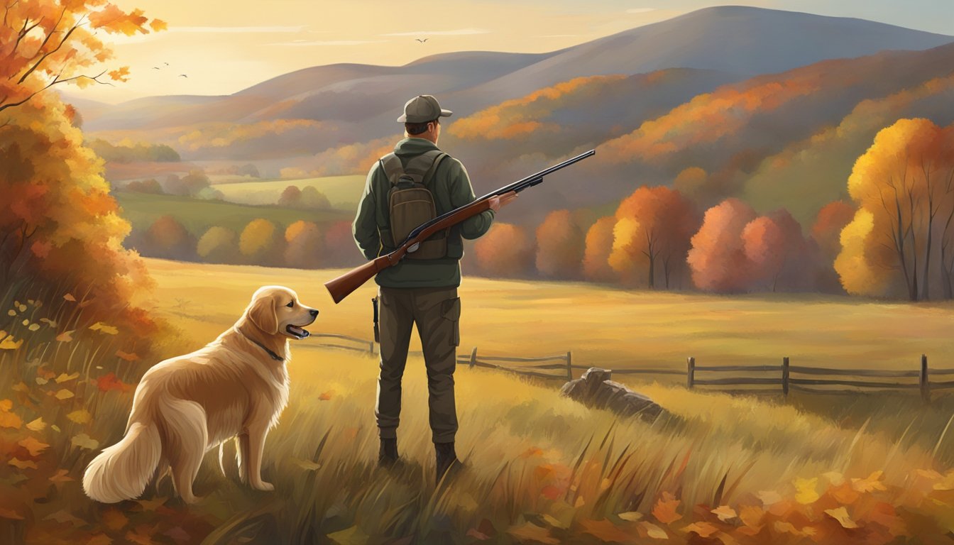 A golden retriever stands alert in a field, surrounded by rolling hills and autumn foliage. A trainer holds a shotgun, preparing for a hunting exercise