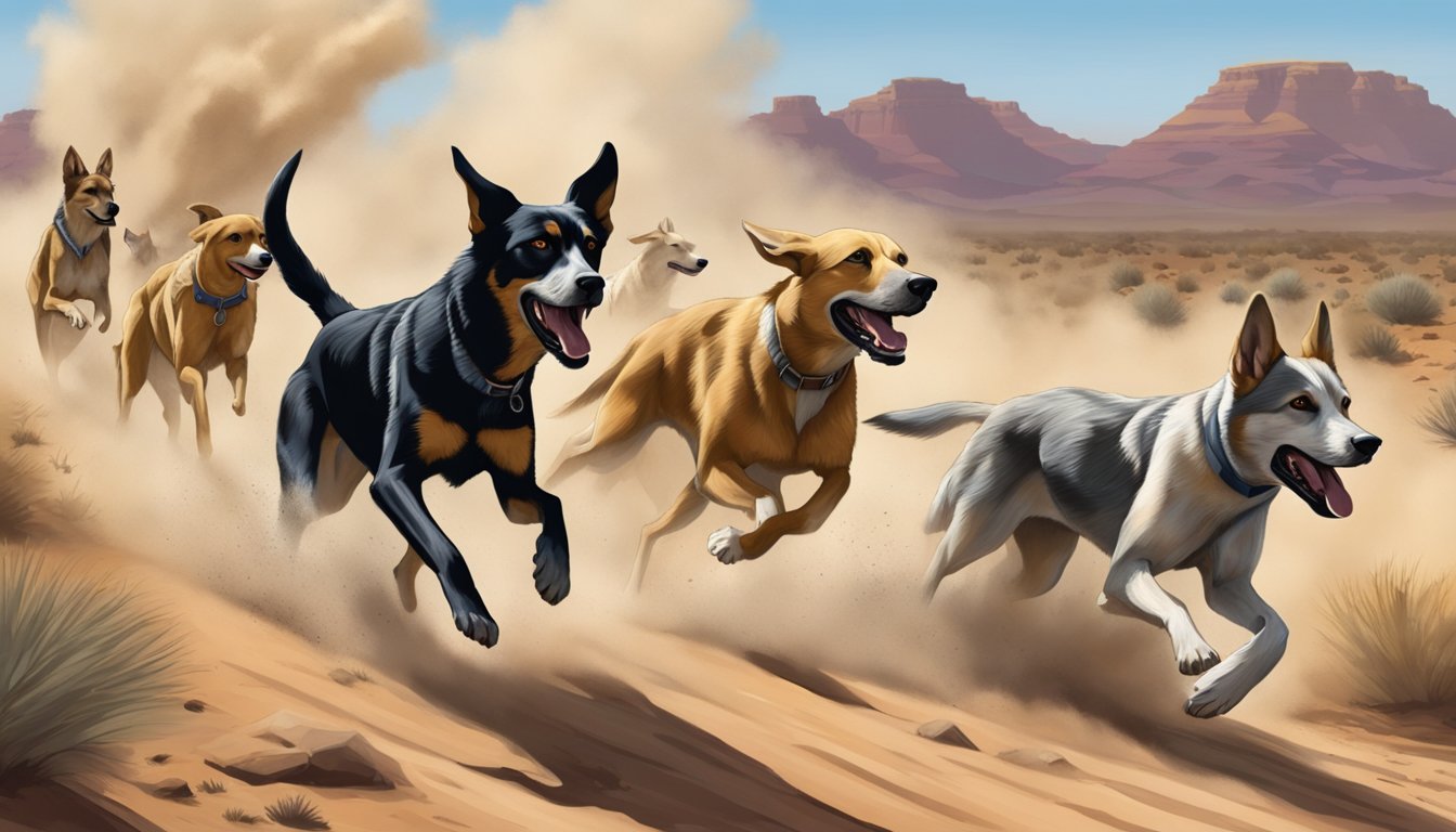 A pack of hounds chase a coyote through the Arizona desert, kicking up dust as they race across the rugged terrain