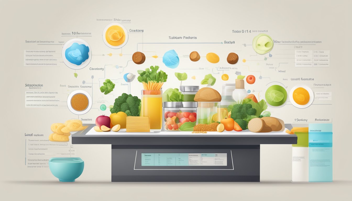 A table with various food items and a metabolic process diagram displayed on a screen