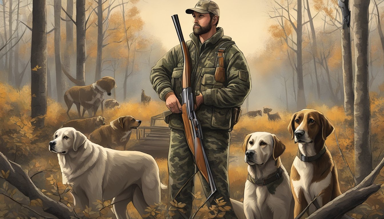 A hunter in Kentucky stands with a shotgun and hunting dogs, surrounded by trees and wearing camouflage gear