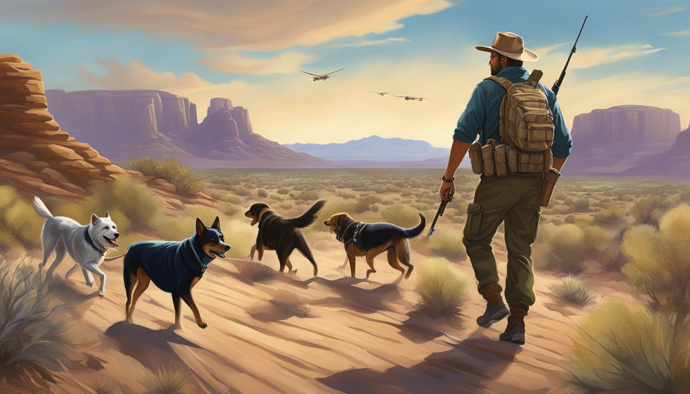 A hunter with dogs tracking prey in an Arizona desert landscape