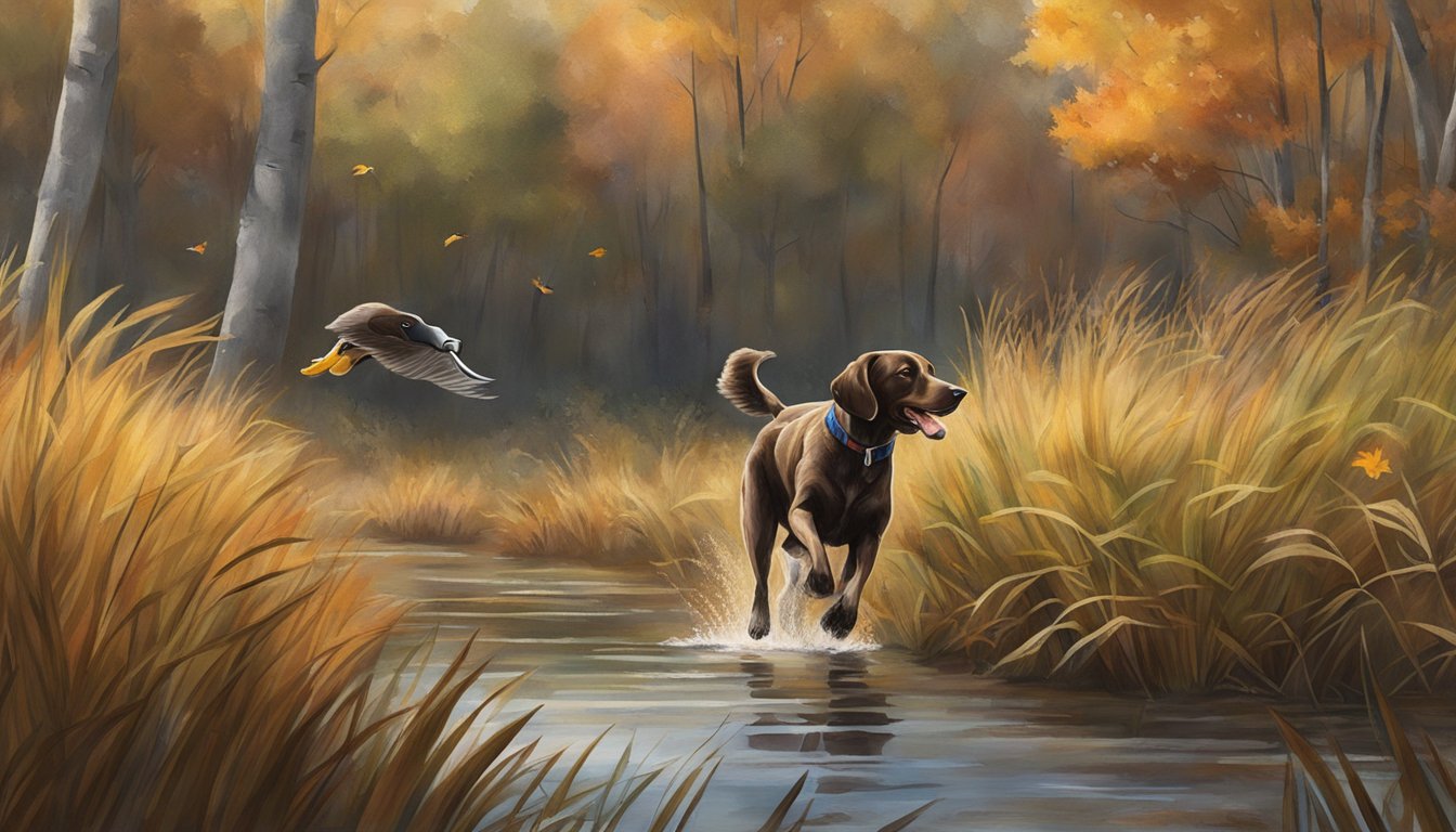 A gun dog retrieves a duck from a Vermont marsh, surrounded by tall grass and autumn foliage