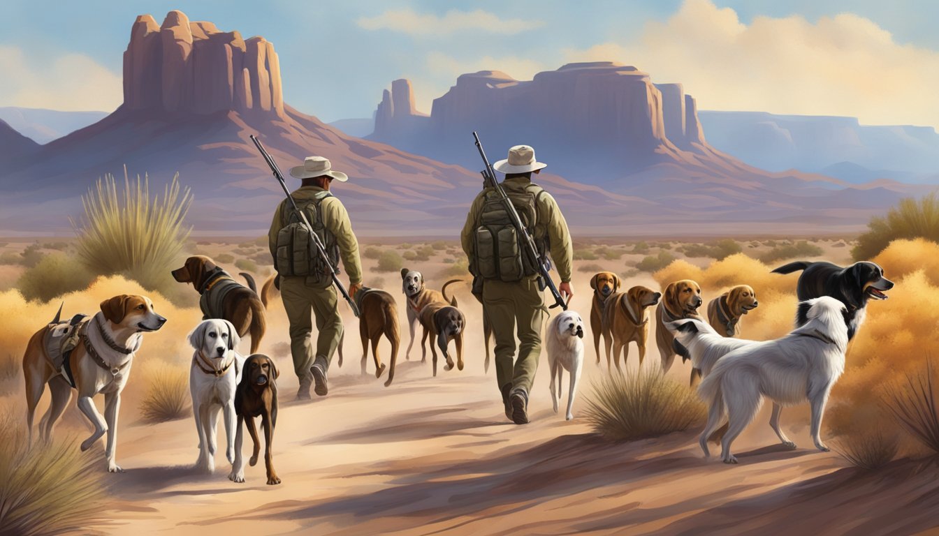 A pack of hunting dogs leading guides through Arizona's desert terrain, tracking specific species