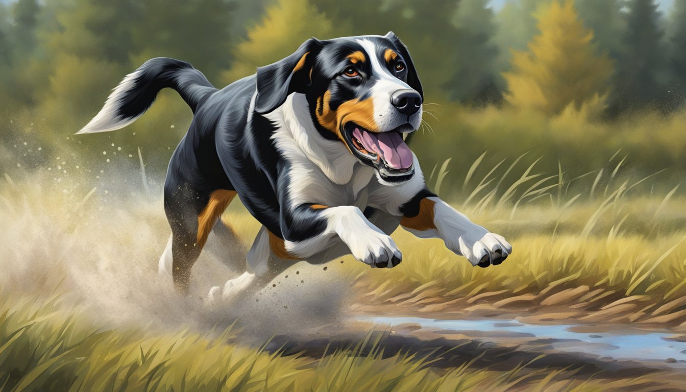 A hunting dog races through a Kentucky field, nose to the ground, eagerly tracking its prey. The dog's muscles ripple with power and determination as it navigates the terrain