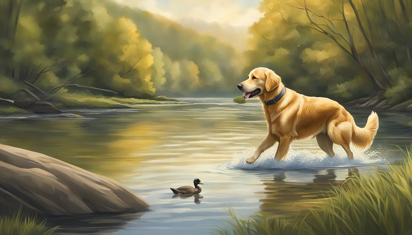 A golden retriever retrieves a duck from a calm river during gun dog training in the lush West Virginia countryside