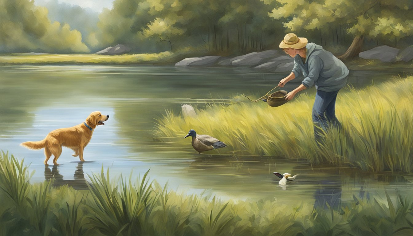 A golden retriever eagerly retrieves a duck from a serene West Virginia pond, while a trainer watches closely