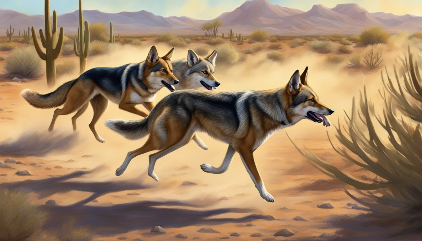 Dogs chasing a coyote in the Arizona desert, controversy and public perception evident in the tense atmosphere