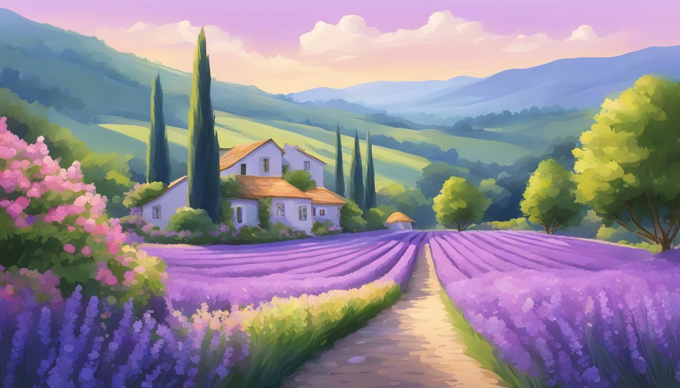 A serene garden with vibrant lavender fields under a clear blue sky