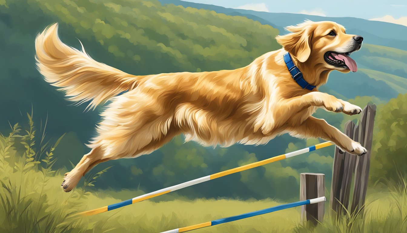 A golden retriever leaps over a hurdle during specialized gun dog training in the rolling hills of West Virginia