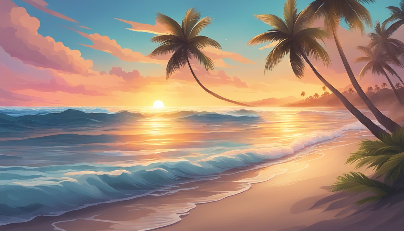 A serene beach scene with palm trees, waves crashing on the shore, and a colorful sunset over the water