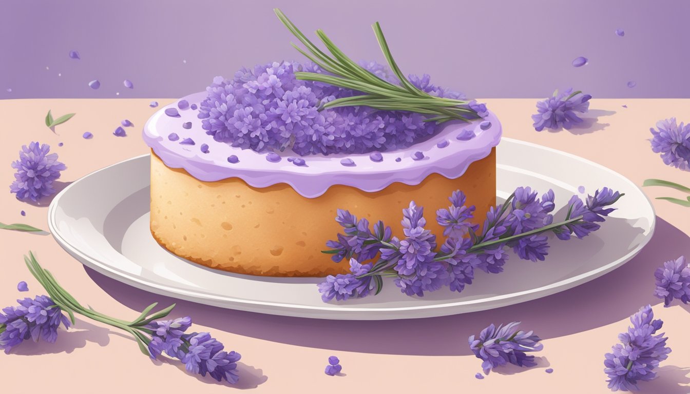 A chef sprinkles fresh lavender flowers onto a delicate dessert