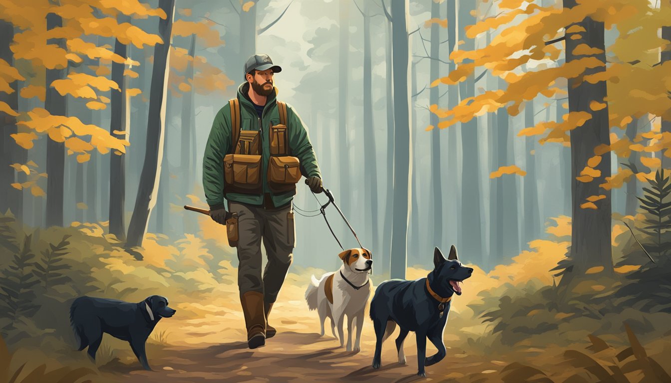 A hunter in Maryland holding a hunting license while walking with dogs in a forest