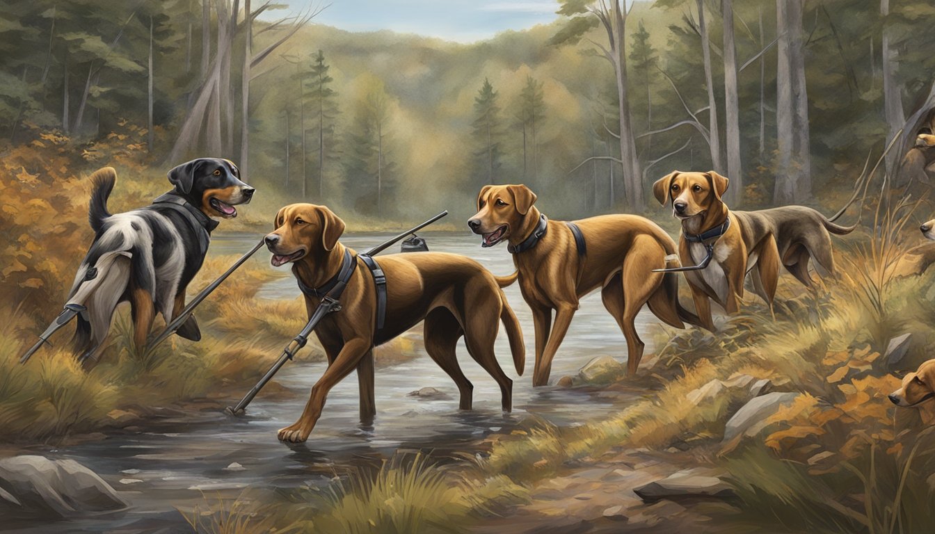 A group of hunting dogs flush out game species in the Maryland wilderness during hunting season