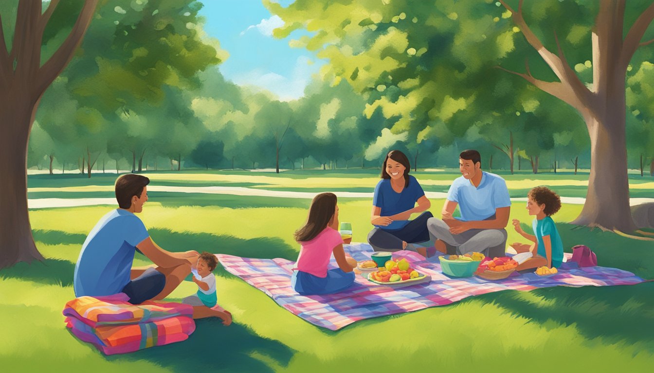 A family picnicking in a Houston park, with a colorful blanket spread out on the grass, surrounded by trees and a clear blue sky