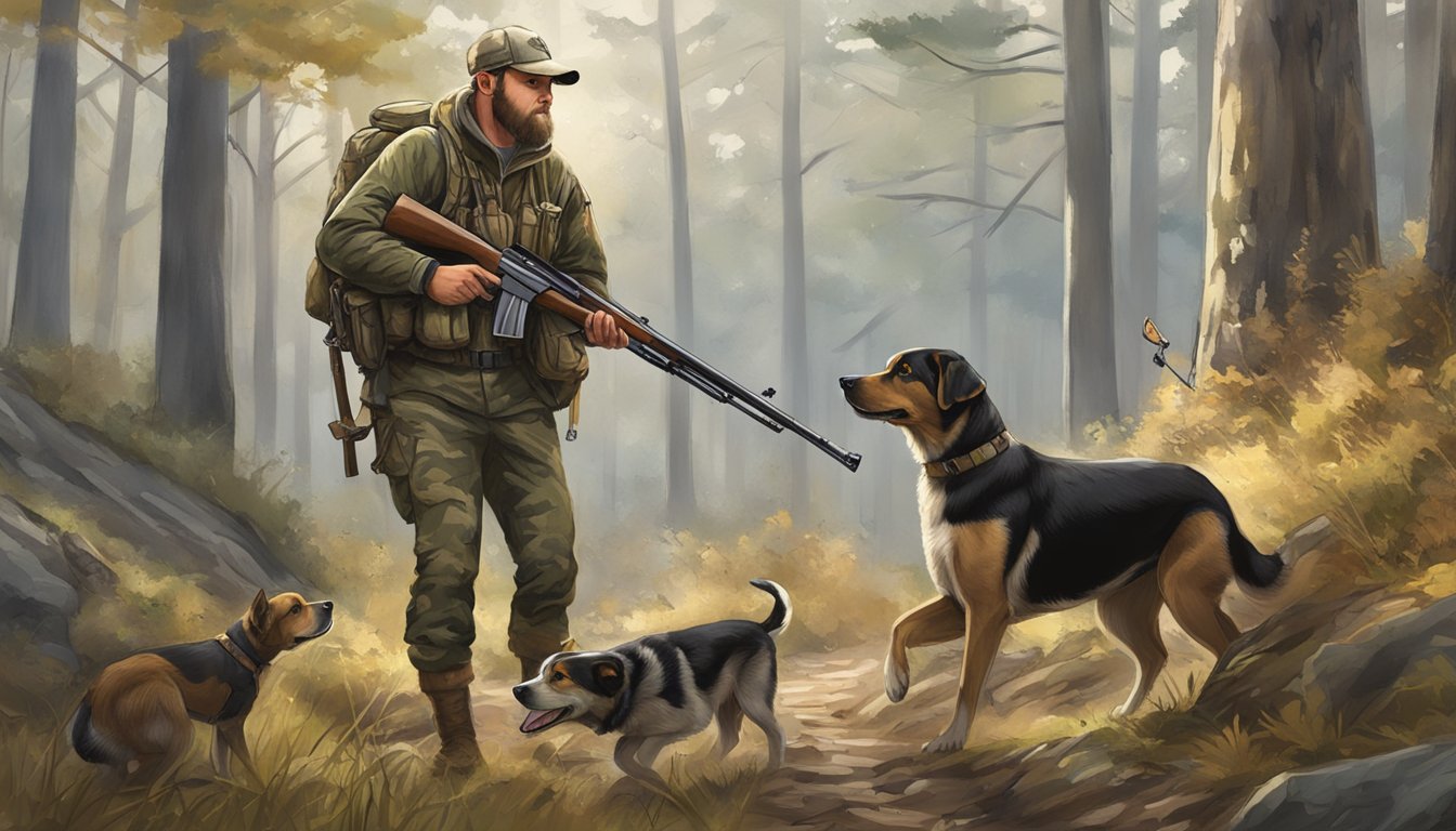 A hunter with dogs tracking game in the Maryland wilderness, carrying a rifle and wearing camouflage gear