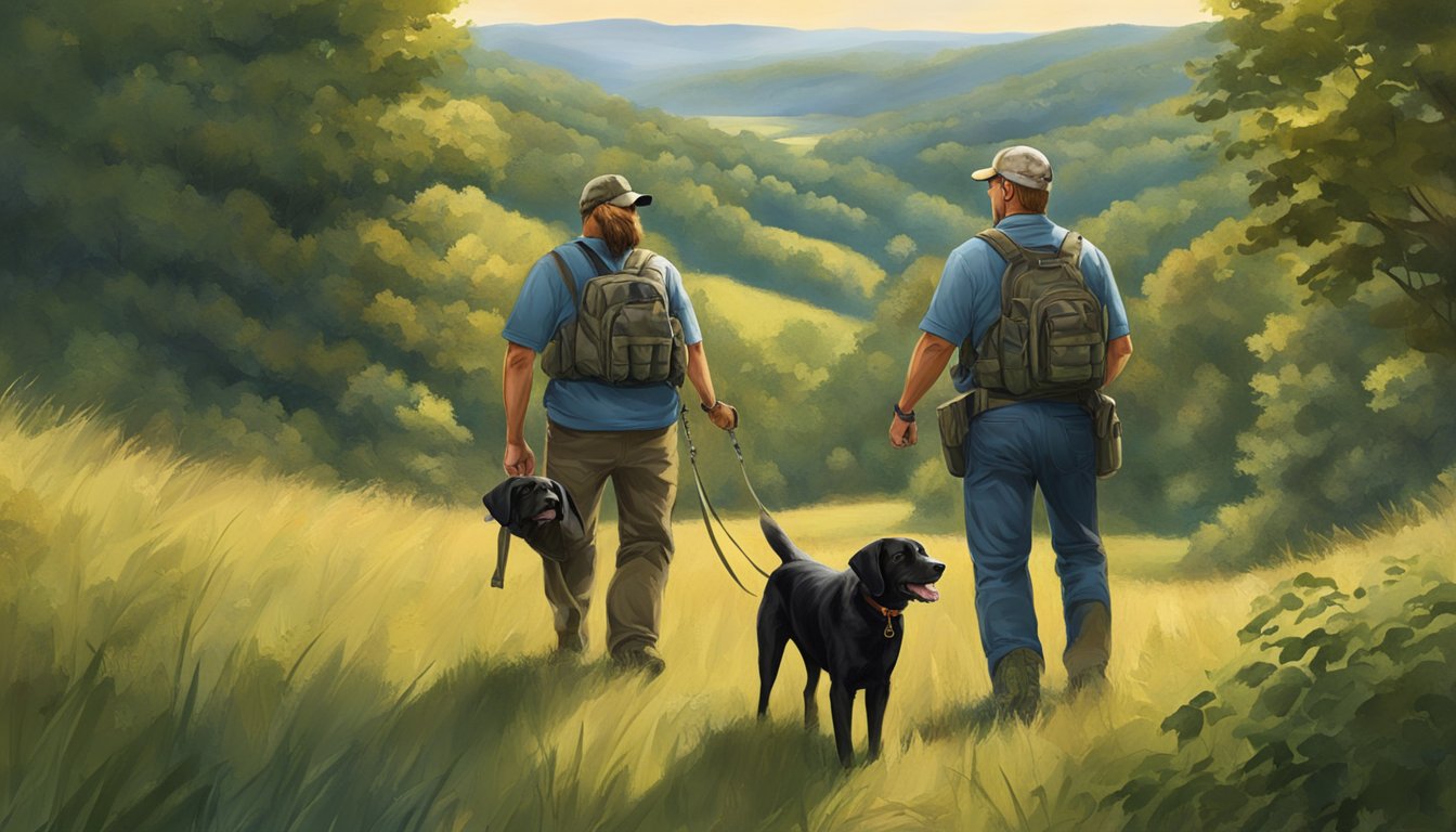 A gun dog owner and their trained dog in a West Virginia field, surrounded by rolling hills and dense forest, with a trainer providing support services