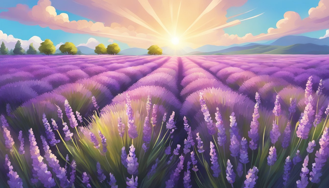 A field of vibrant lavender flowers swaying in the breeze under a bright, sunny sky